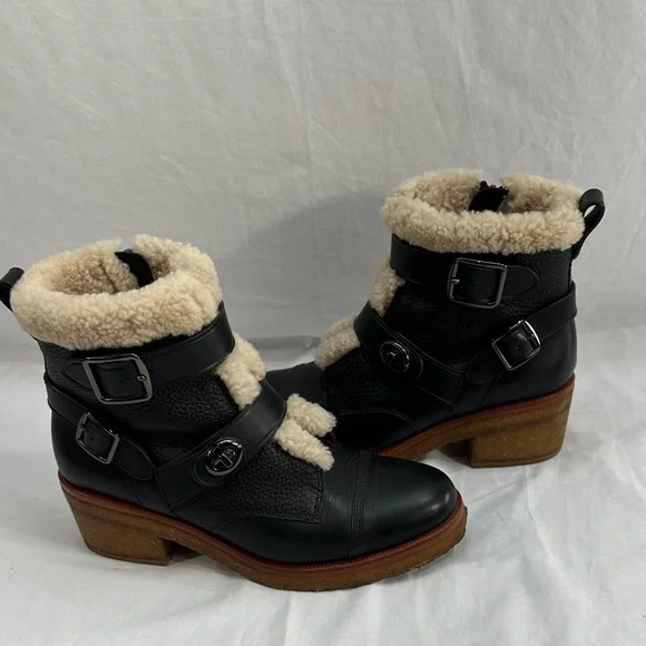 Coach Preston Leather Shearling Ankle Boots Size 9.5B Block Heel Side Zip - Picture 1 of 13